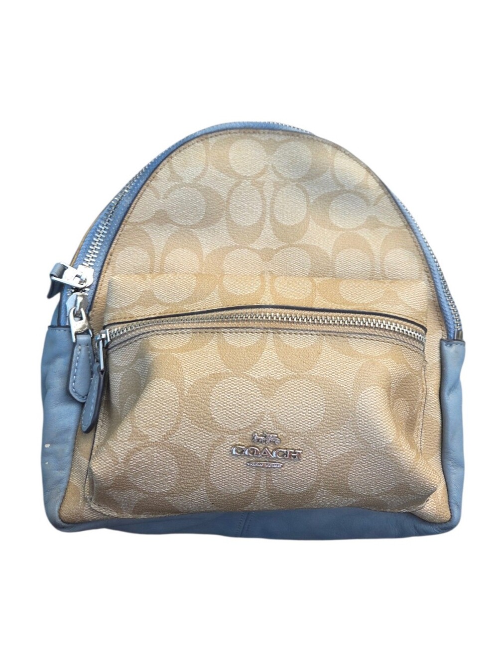 Coach Mini Charlie Backpack Signature Monogram & Soft Pool Blue Leather TLC